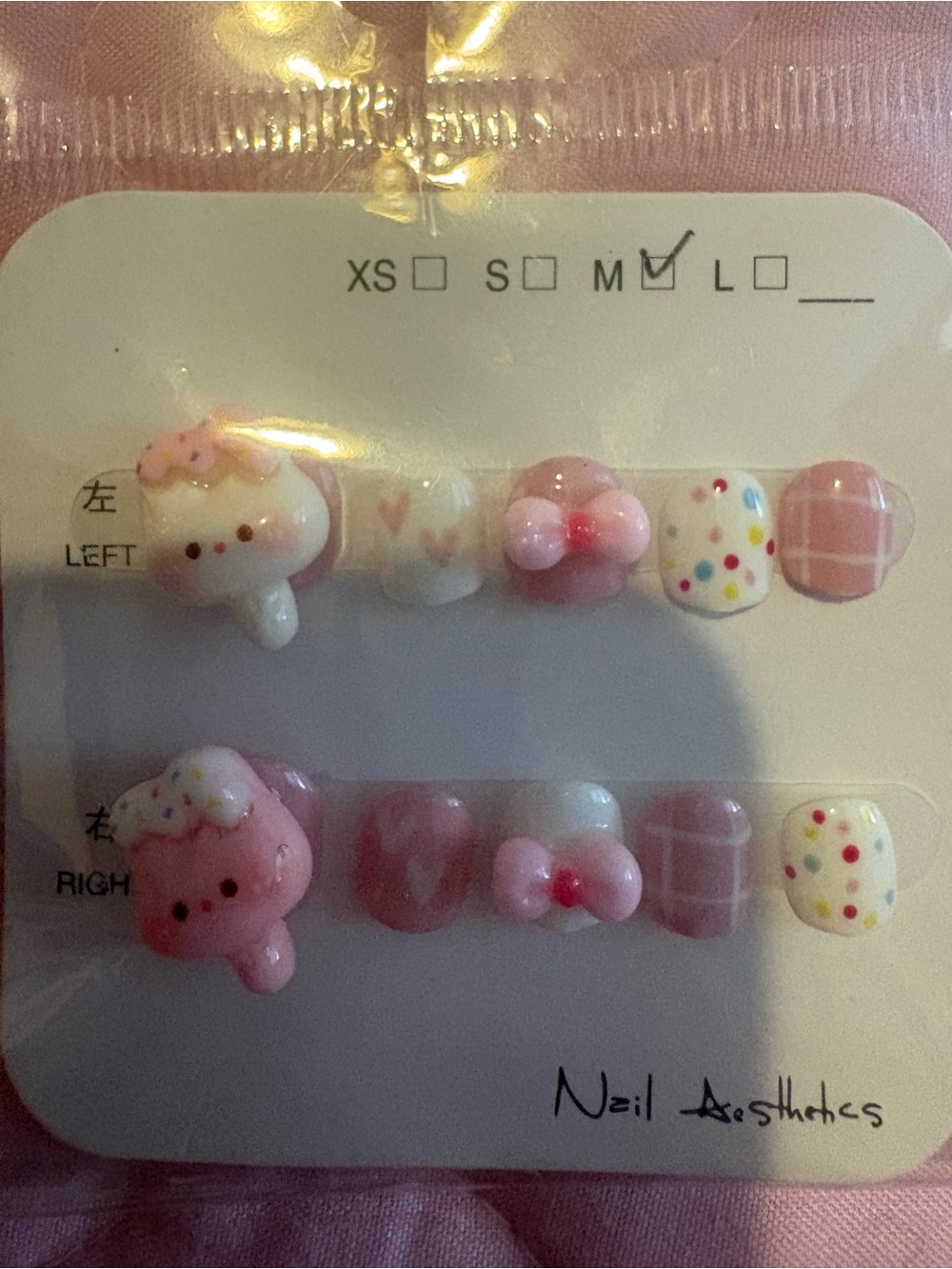 Pink & White Cute 3D Small Pet Nail Set size Medium